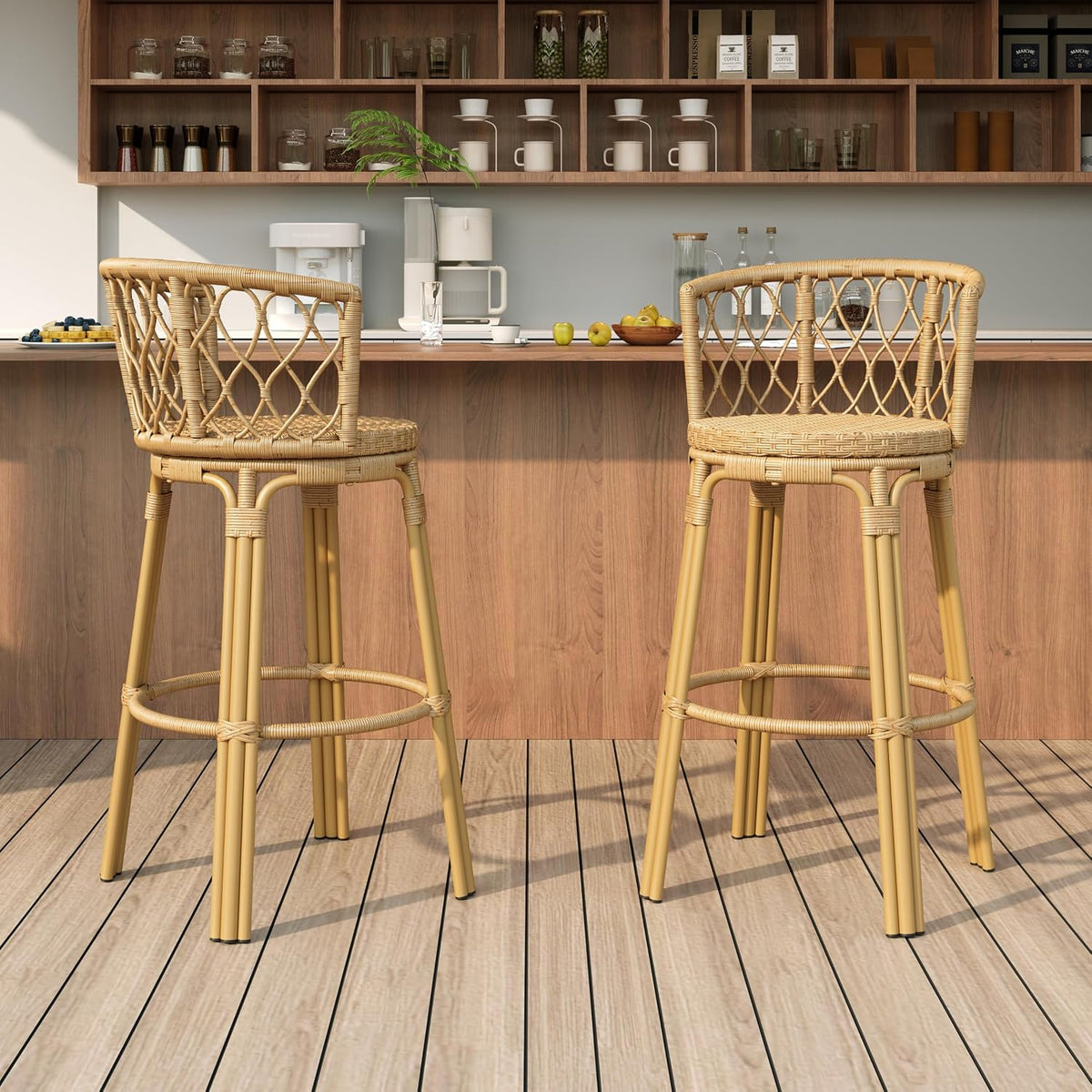 Light Brown Rattan Barrel‑Back Outdoor Barstools Set of 2