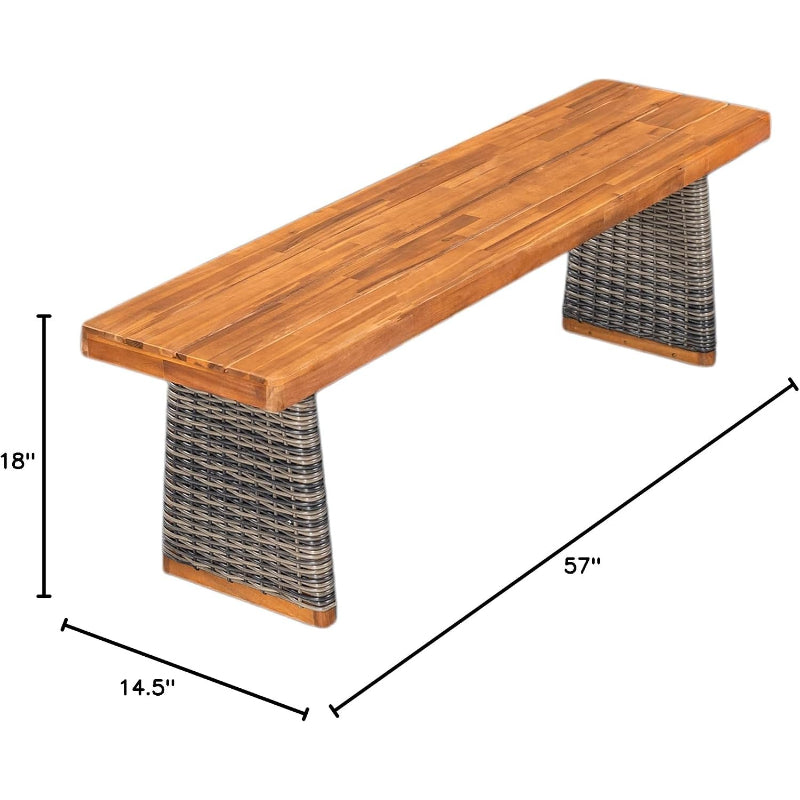 Acacia Wood Patio Dining Bench, Grey‑Teak Rattan Legs