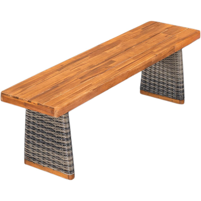 Acacia Wood Patio Dining Bench, Grey‑Teak Rattan Legs